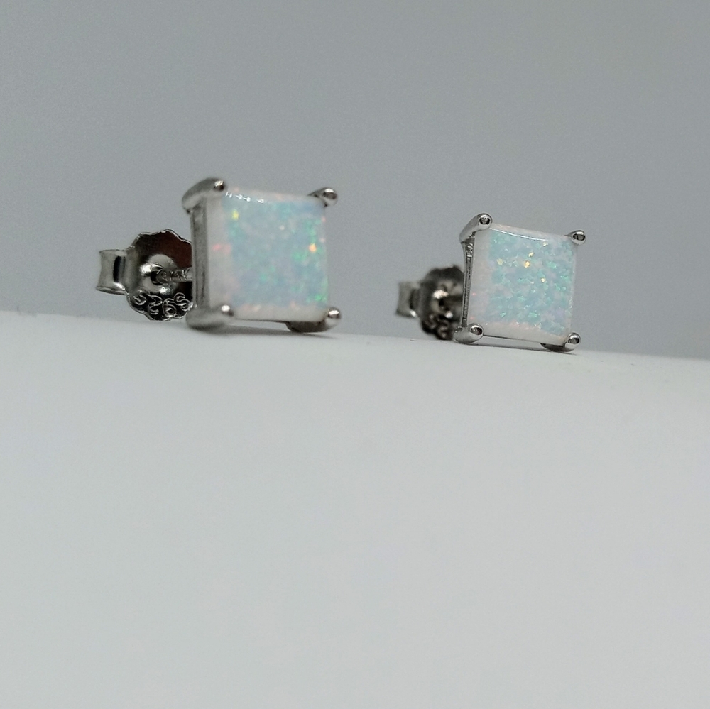 Square White Opal Studs
